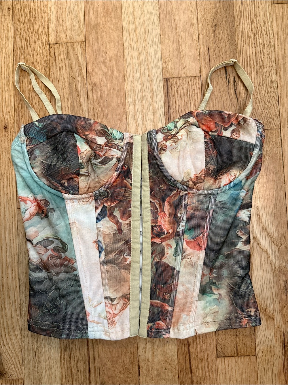 Superdown Ziva Bustier Top Tan Multi Renaissance Print Corset size small